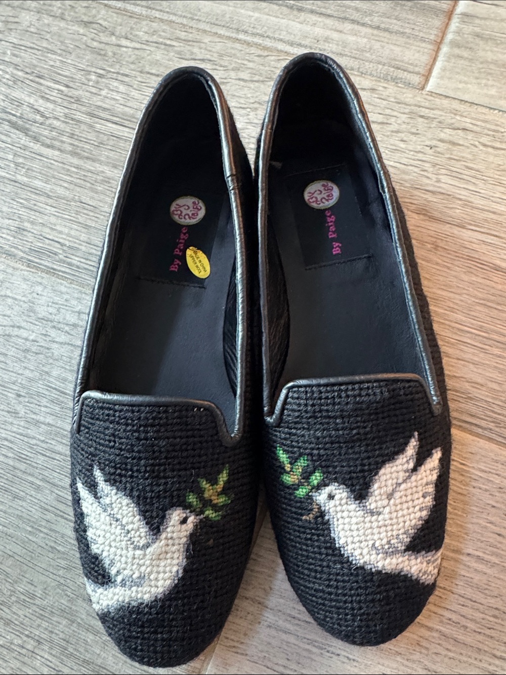 By Paige Black Women's Slip-On Loafers with Embroidered Needlepoint Doves